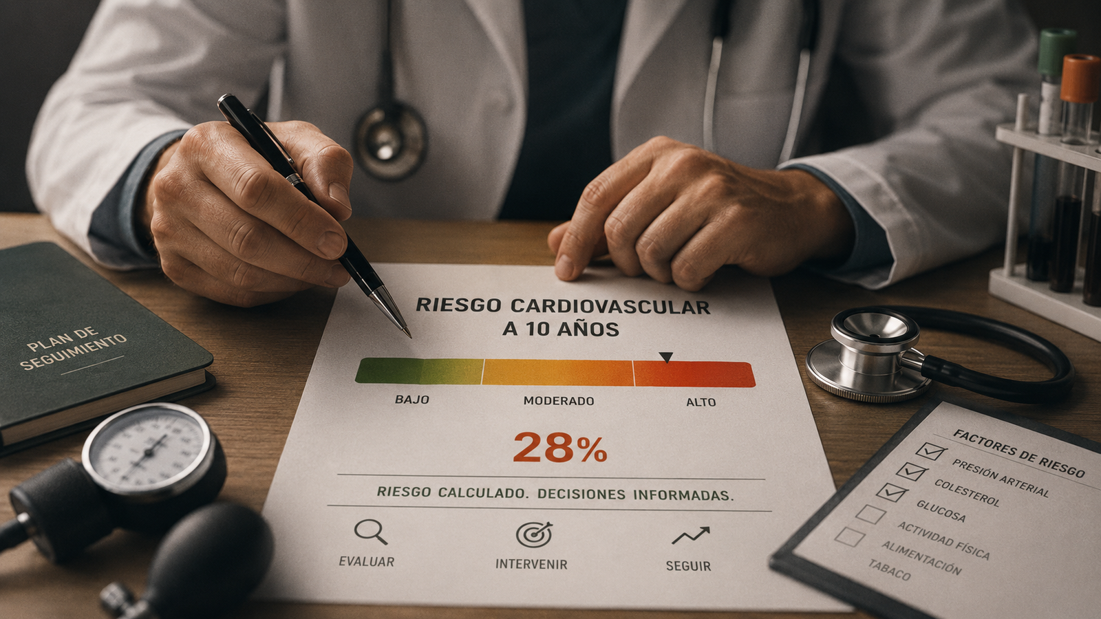 Médico evaluando el riesgo cardiovascular a diez años mediante datos clínicos