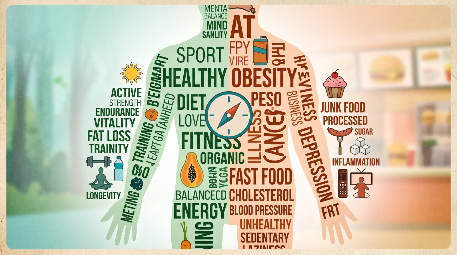 Silueta dividida entre salud metabólica y riesgo cardiometabólico, con referencias a glucosa, masa muscular, grasa visceral e hipertensión